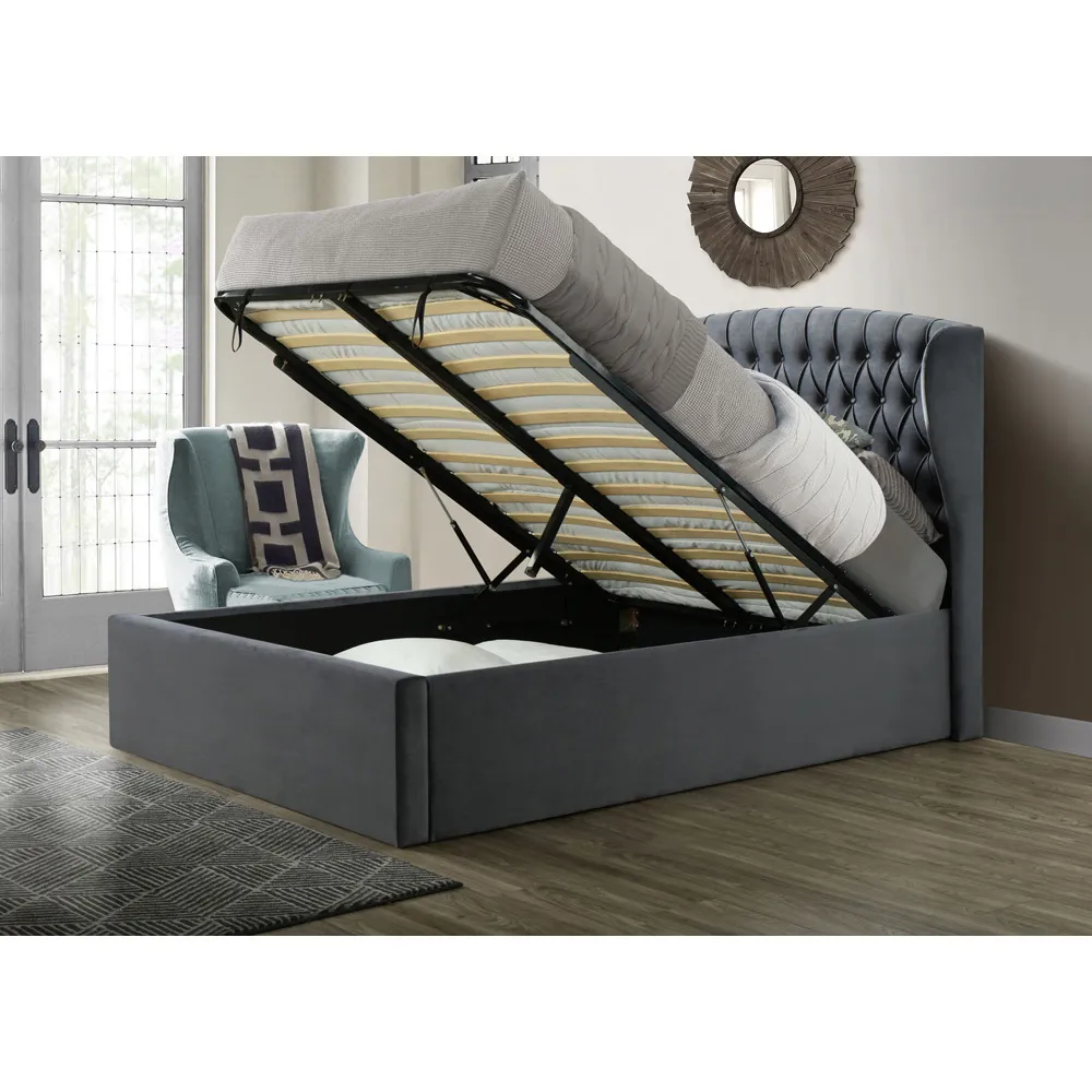 Warwick Double Ottoman Bed with Storage - Grey, Velvet