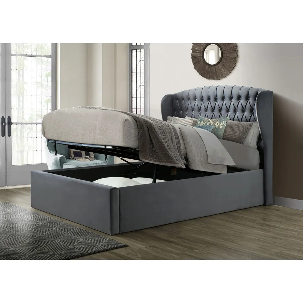 Warwick King Size Ottoman Bed with Storage - Grey, Velvet