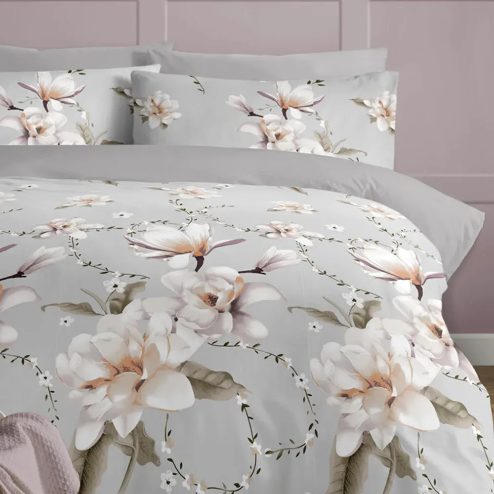 Anemone Double Floral Duvet Set - Grey, Polycotton