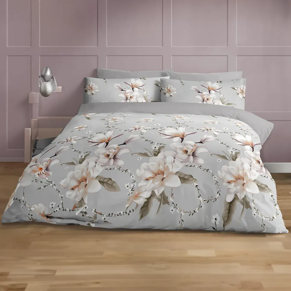Anemone Double Floral Duvet Set - Grey, Polycotton