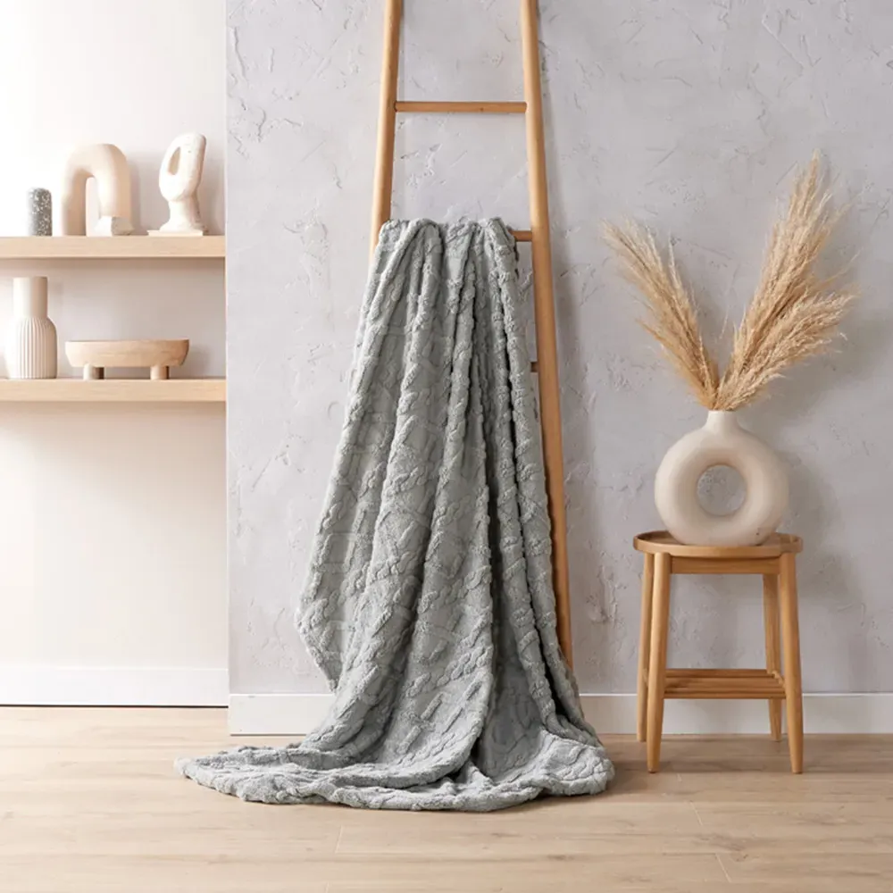Cable Knit Jacquard Fleece Throw - Grey