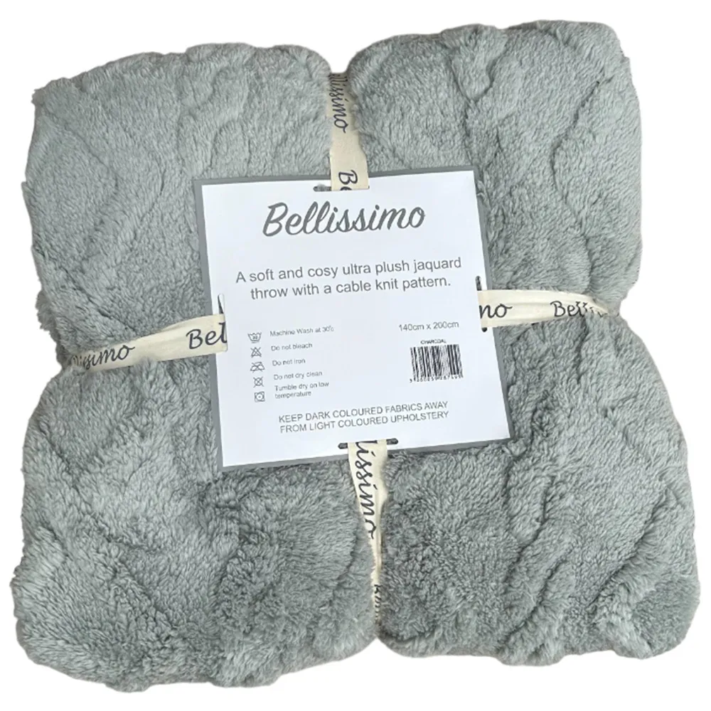 Cable Knit Jacquard Fleece Throw - Grey