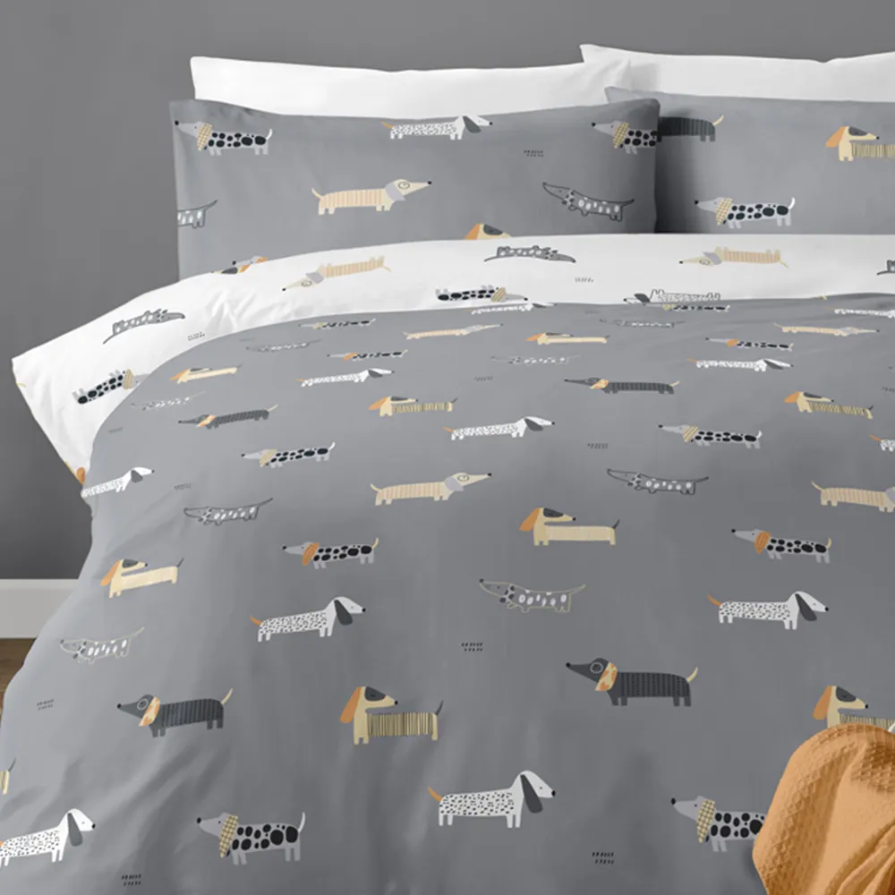 Dachshund Double Duvet Set - Grey, Polycotton