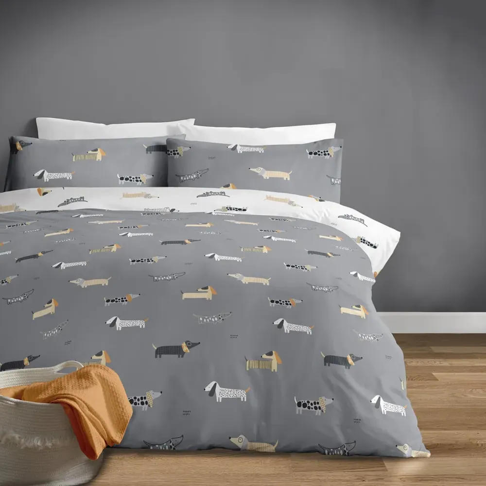 Dachshund King Size Duvet Set - Grey, Polycotton