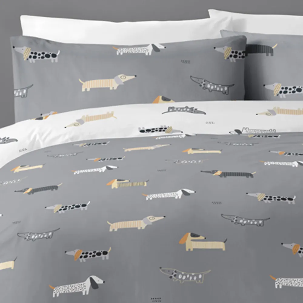 Dachshund Single Duvet Set - Grey, Polycotton