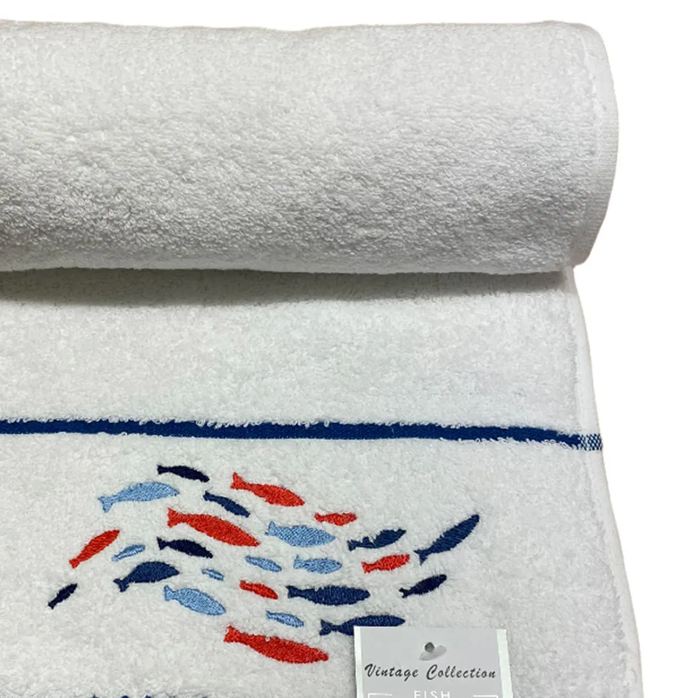 Fish Bath Towel - White, Turkish Cotton