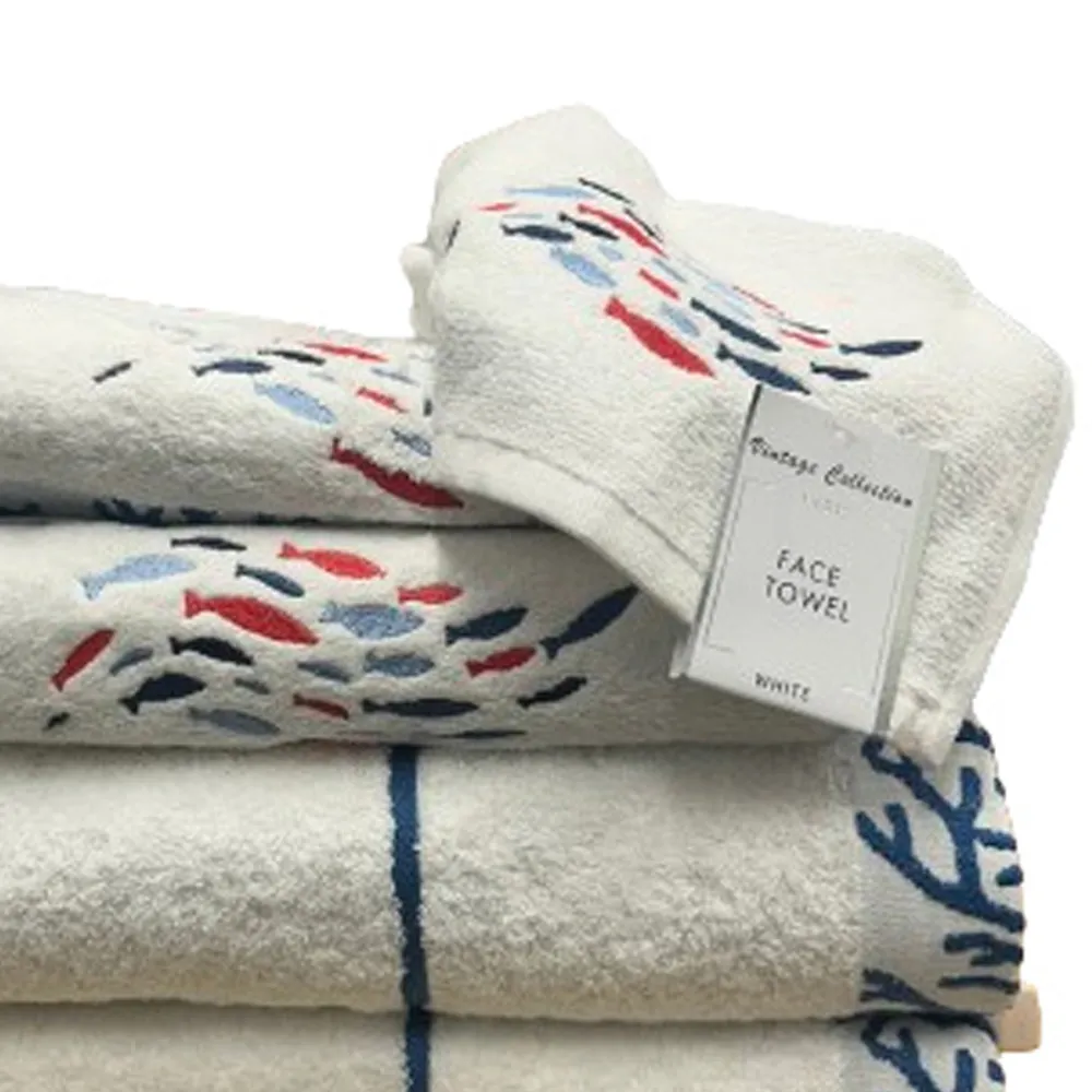 Fish Towel Set of 6 - White, Turkish Cotton