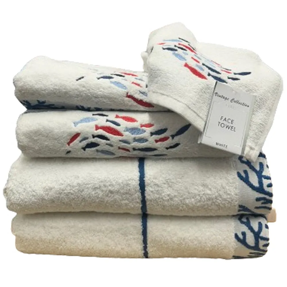 Fish Towel Set of 6 - White, Turkish Cotton