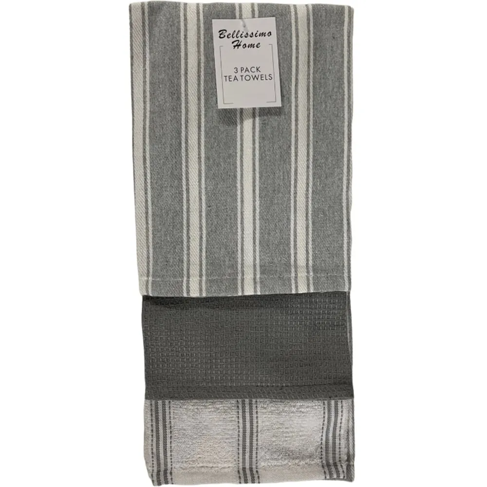 Grey Stripe Cotton Tea Towel 3 Pack - Grey