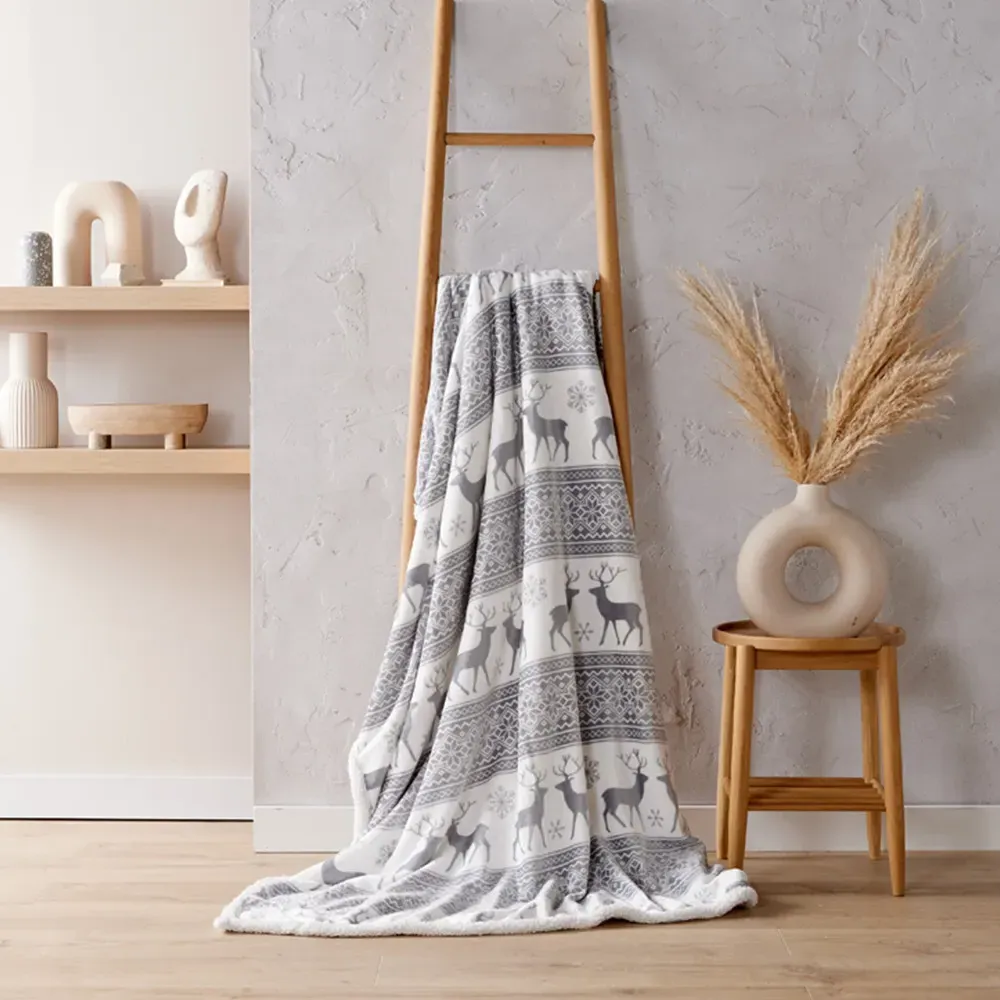 Nordic Stag Sherpa Fleece Throw - Grey