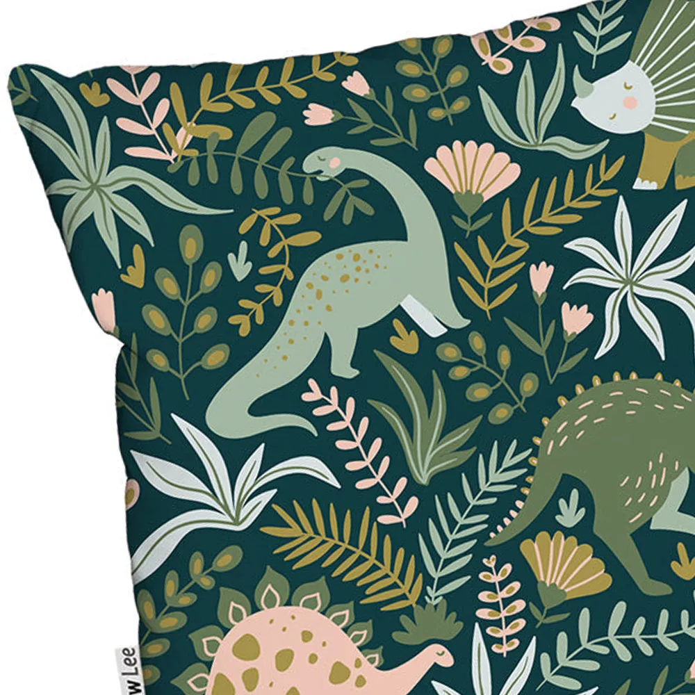 Green Dinosaurs and Tropical Leaves Cushion 60x60cm - Green