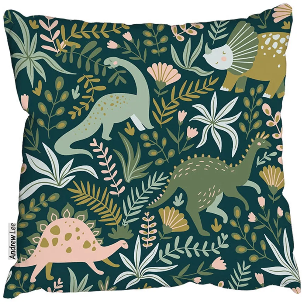 Green Dinosaurs and Tropical Leaves Cushion 60x60cm - Green