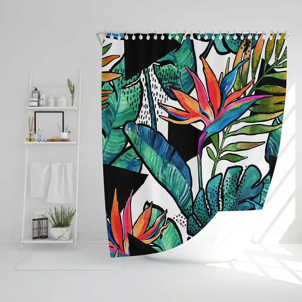 Tropical Leaves and Flowers Shower Curtain - Green
