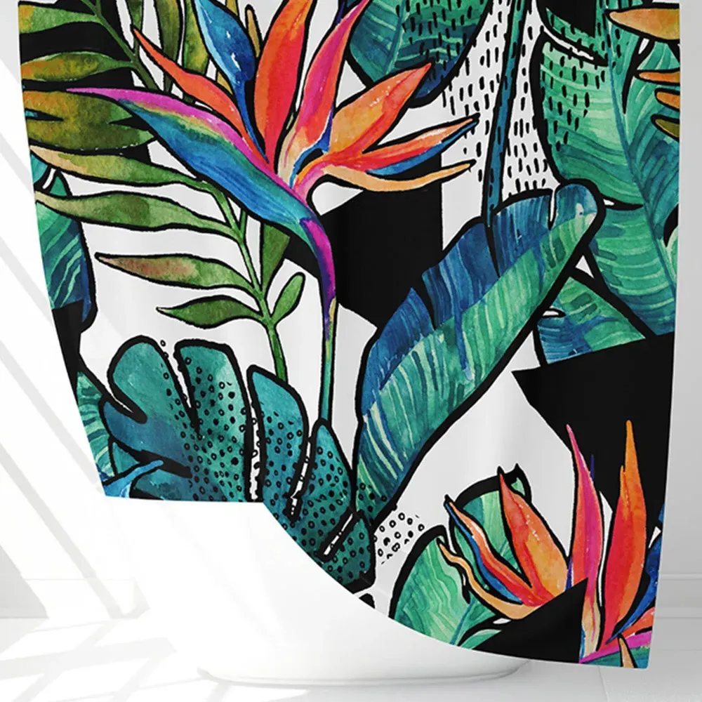 Tropical Leaves and Flowers Shower Curtain - Green