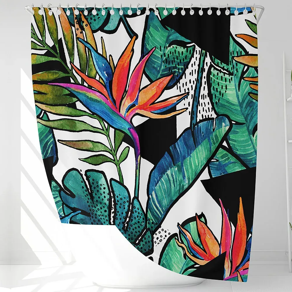 Tropical Leaves and Flowers Shower Curtain - Green image