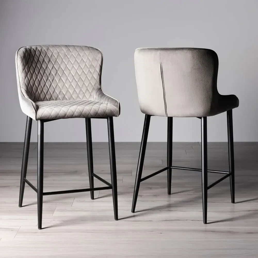Cezanne Set of 2 Bar Stools - Grey, Velvet