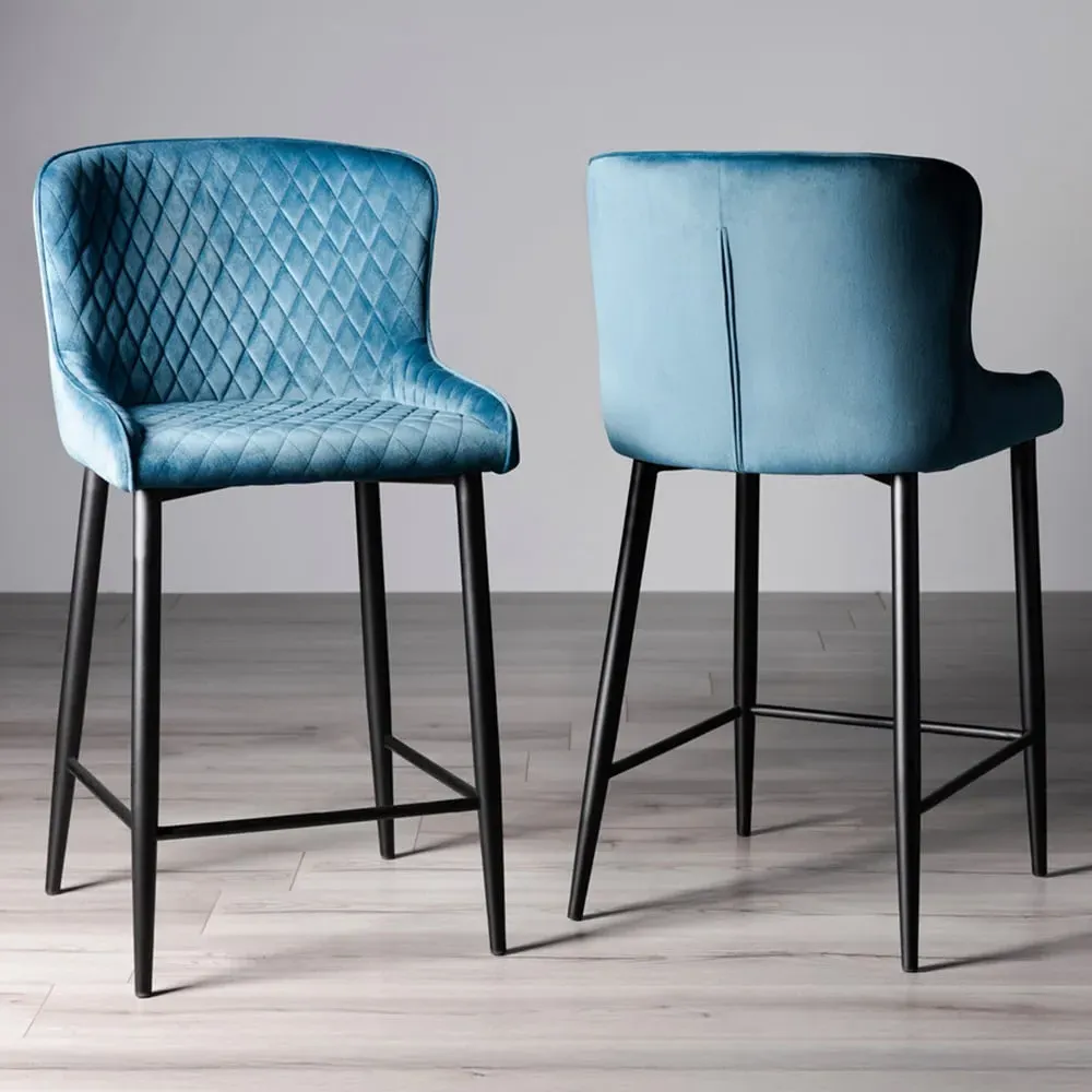 Cezanne Set of 2 Bar Stools - Petrol Blue, Velvet