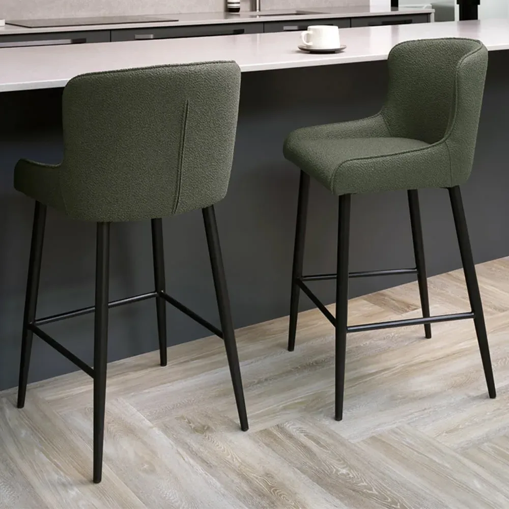 Rubens Set of 2 Upholstered Barstool - Green, Boucle