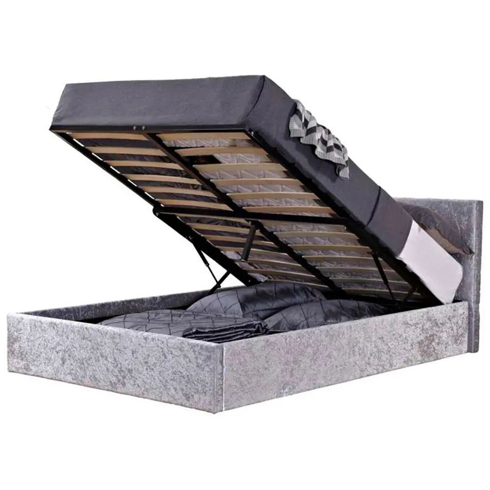 Berlin King Size Ottoman Bed with Storage - Grey, Velvet