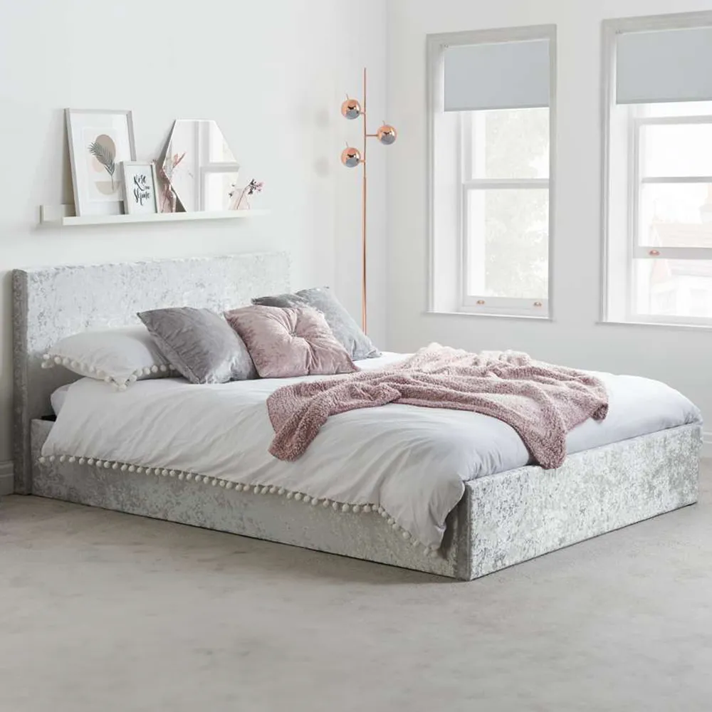 Berlin King Size Ottoman Bed with Storage - Grey, Velvet