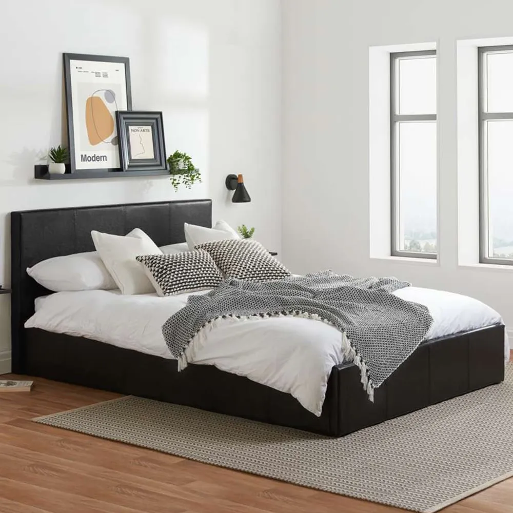 Berlin Small Double Ottoman Bed with Storage - Black, Faux Leather