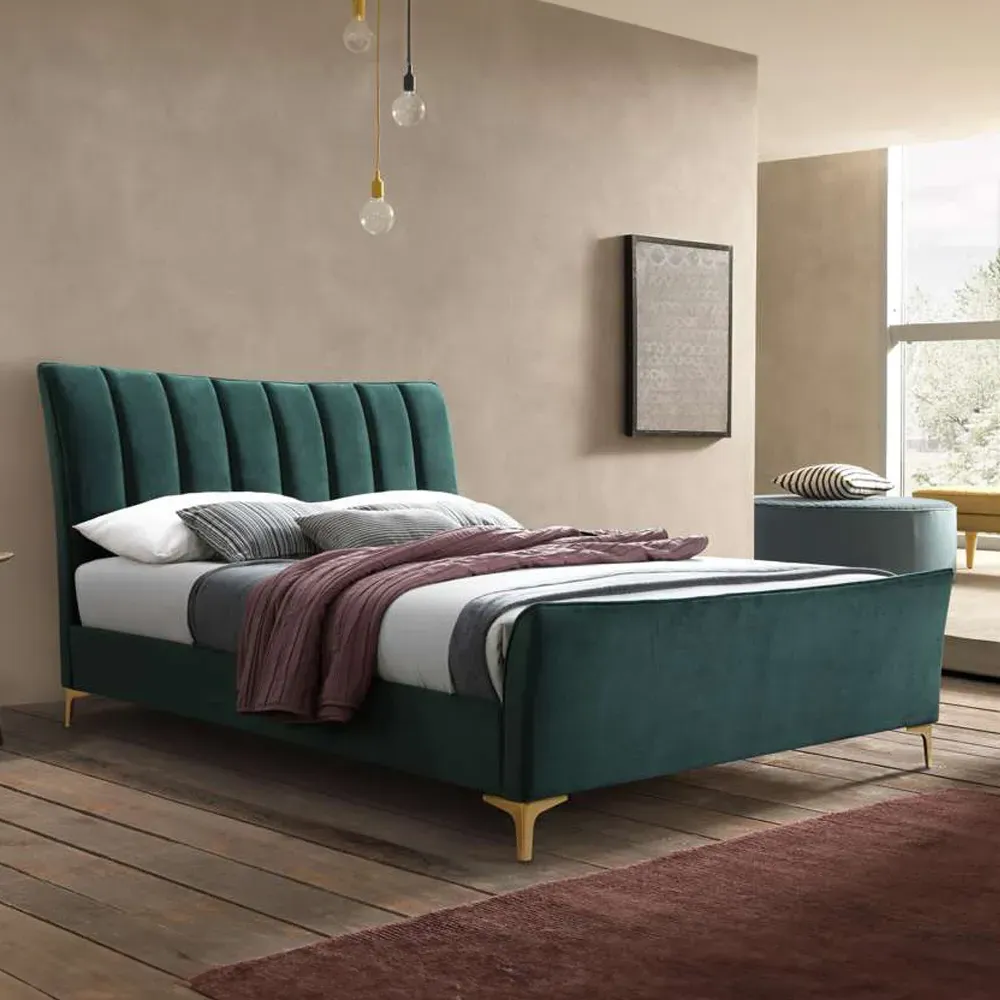 Clover Double Bed Frame with Cushioned Headboard - Green, Velvet image