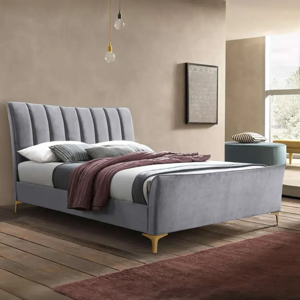 Clover Double Bed Frame with Cushioned Headboard - Grey, Velvet