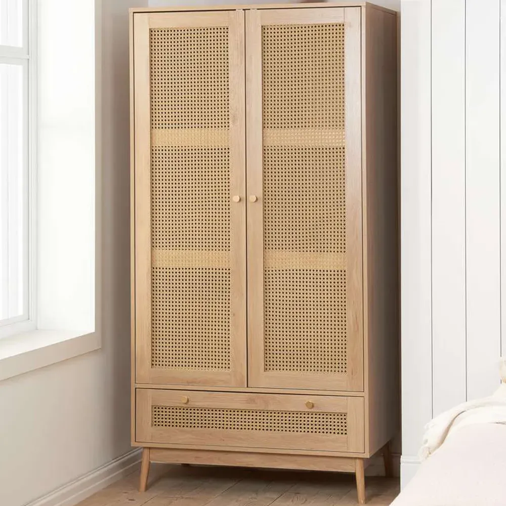 Croxley 2 Door Wardrobe with Drawer - Brown, Oak Rattan