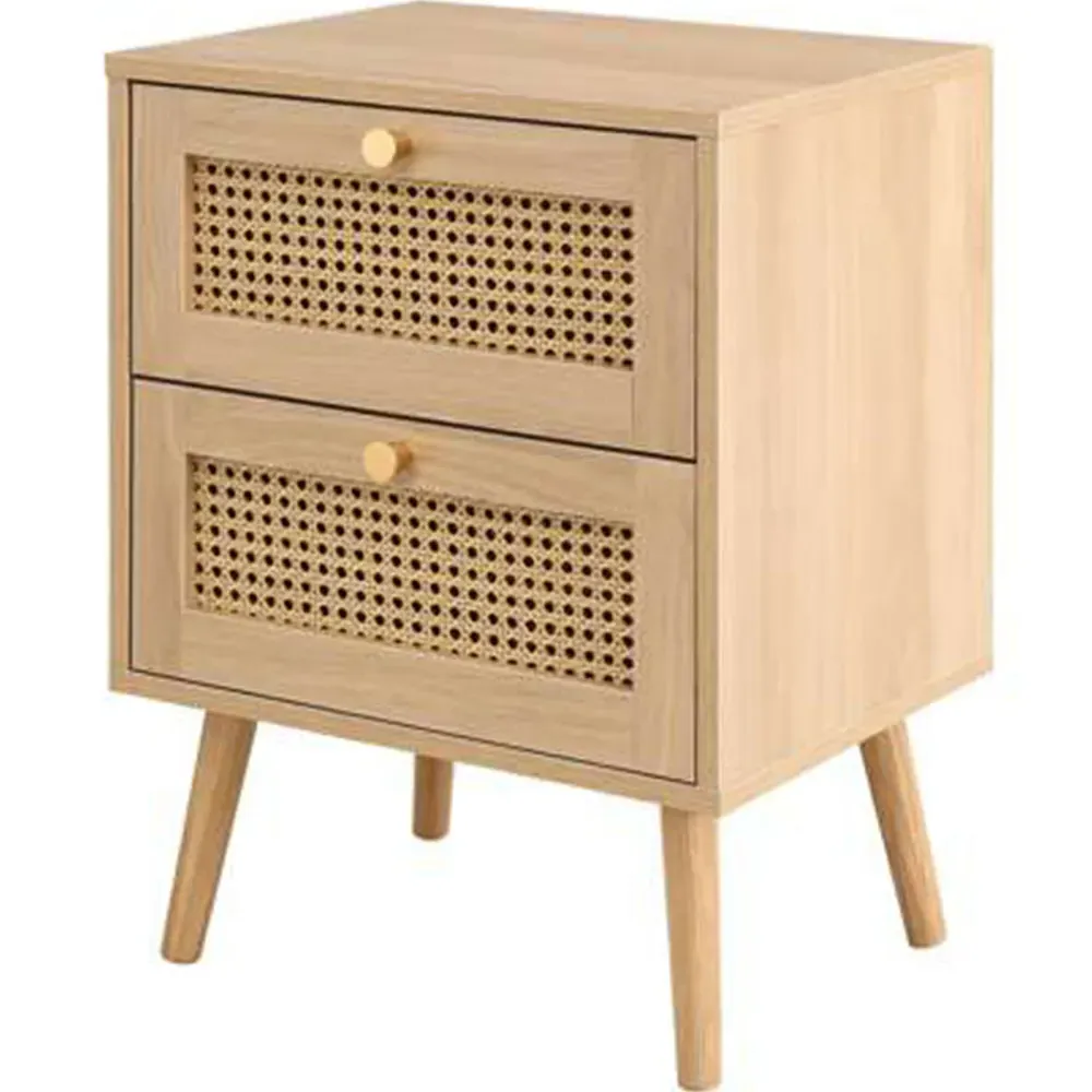 Croxley 2 Drawer Bedside Cabinet - Brown, Oak Rattan