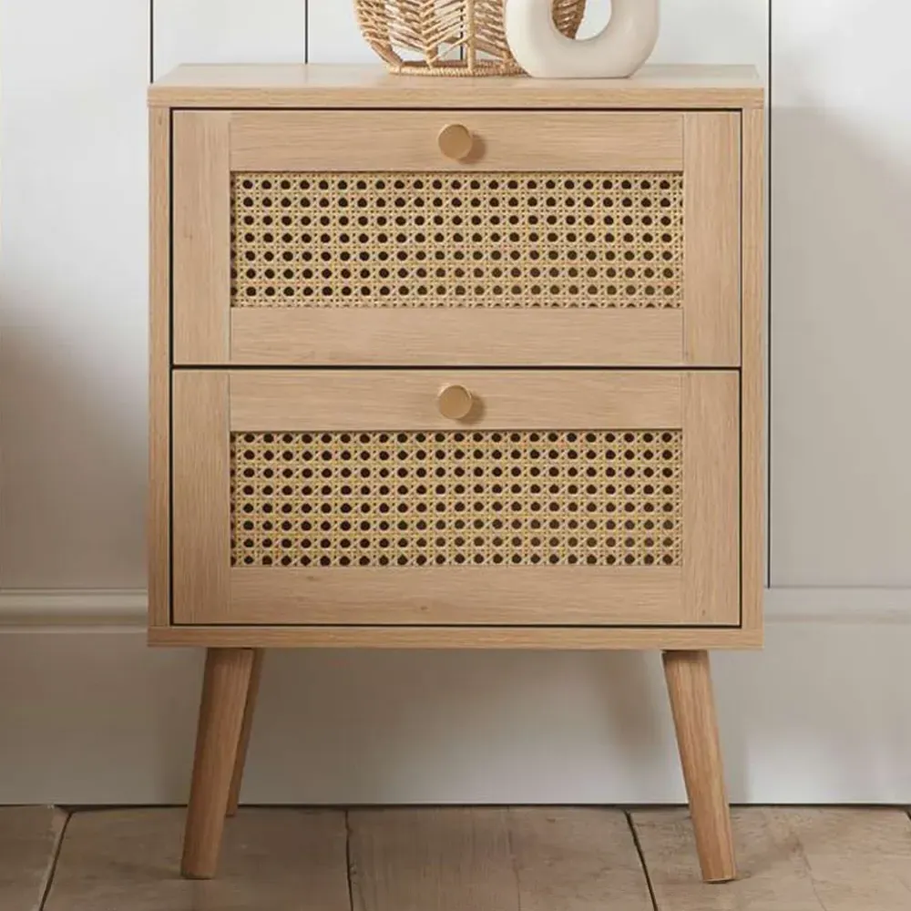 Croxley 2 Drawer Bedside Cabinet - Brown, Oak Rattan