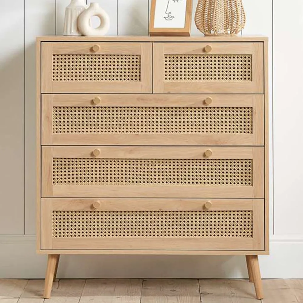 Croxley 5 Drawer Chest of Drawers - Brown, Oak Rattan