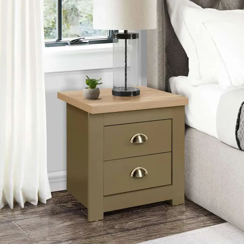 Highgate 2 Drawer Bedside Table - Green, Oak