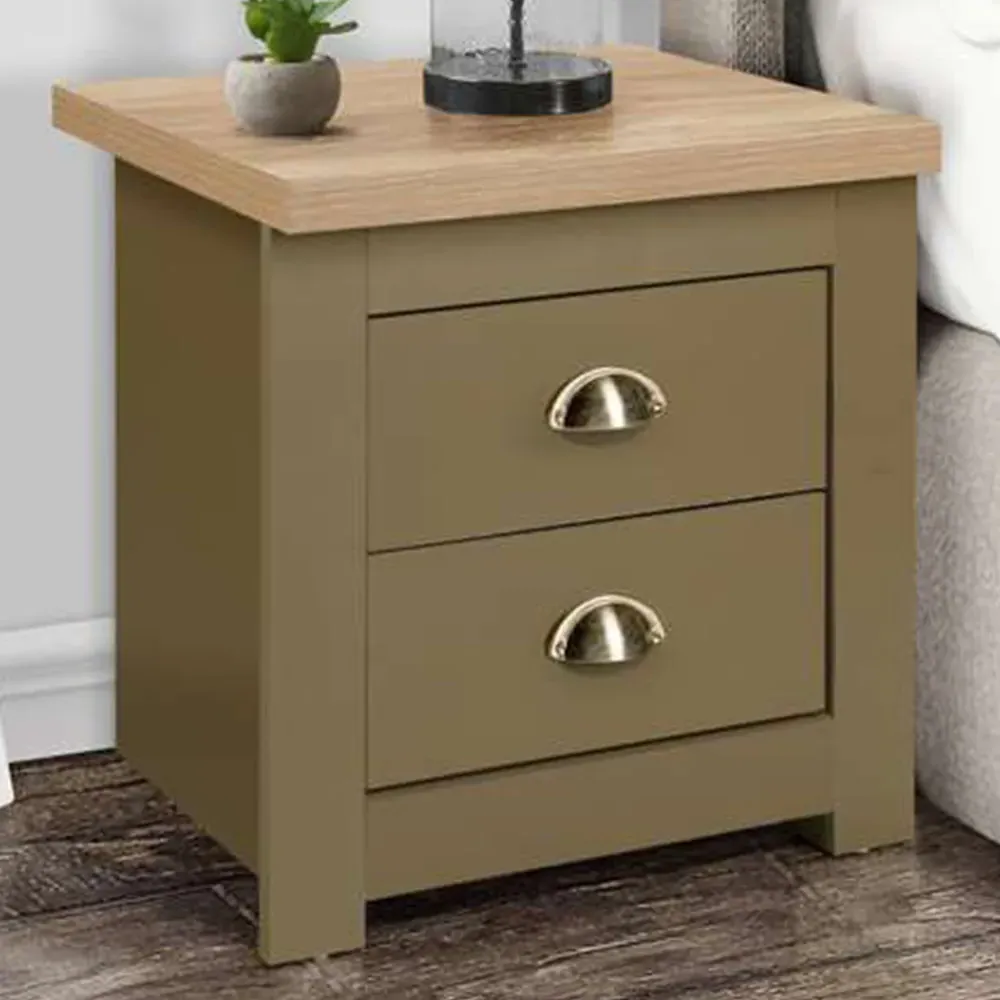 Highgate 2 Drawer Bedside Table - Green, Oak image