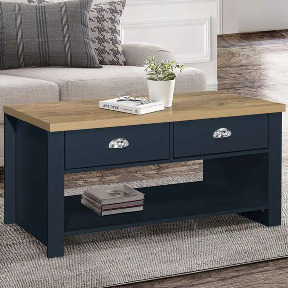 Highgate 2 Drawer Coffee Table - Navy, Oak