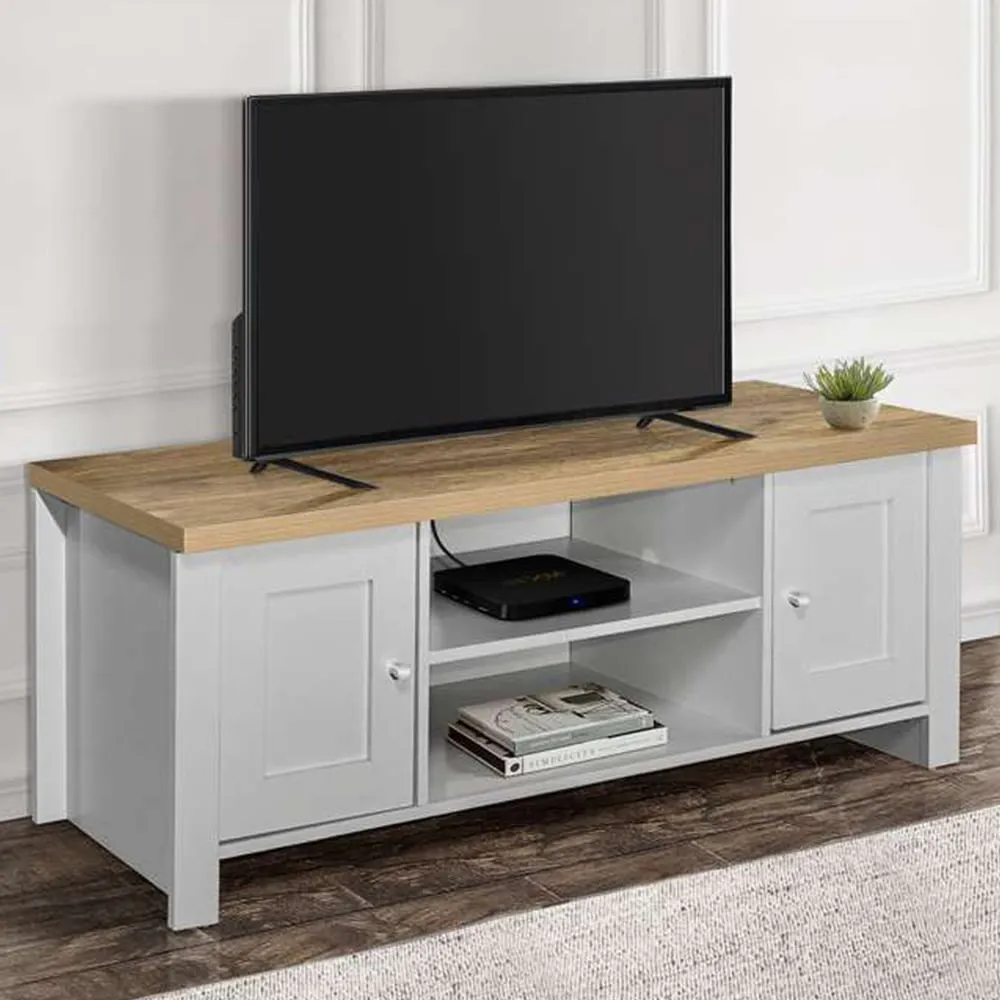 Highgate Large TV Unit with Storage - Grey, Oak