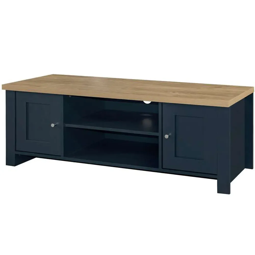 Highgate Large TV Unit with Storage - Navy Blue, Oak