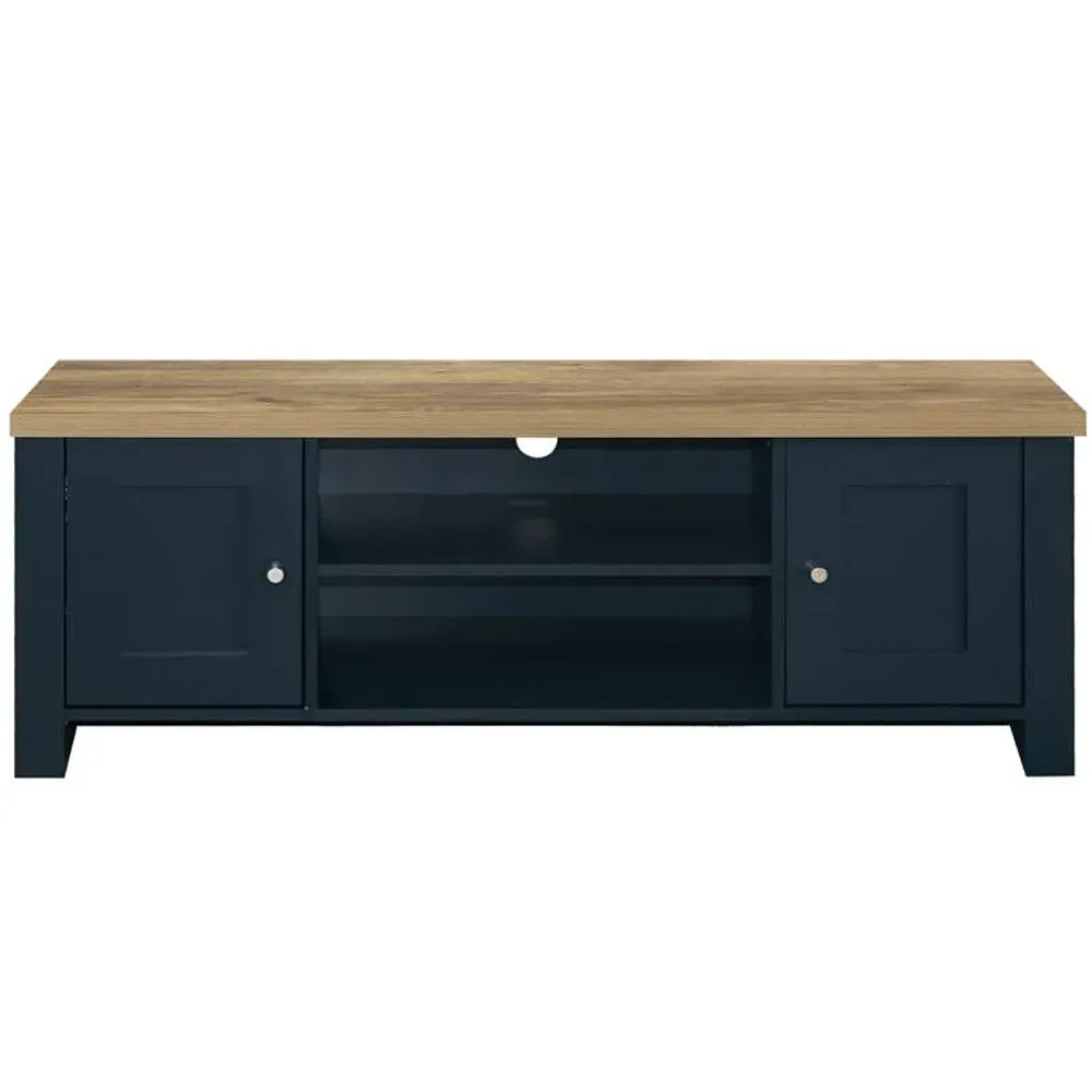 Highgate Large TV Unit with Storage - Navy Blue, Oak