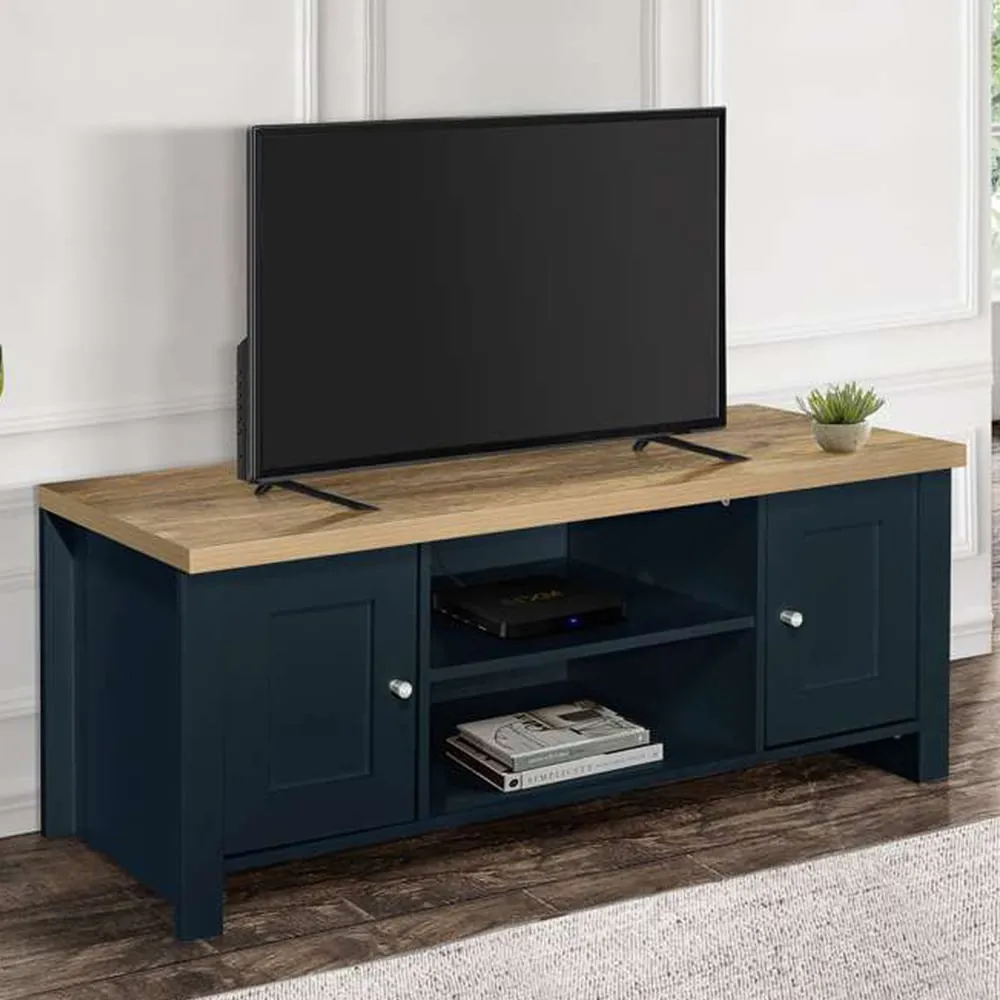 Highgate Large TV Unit with Storage - Navy Blue, Oak