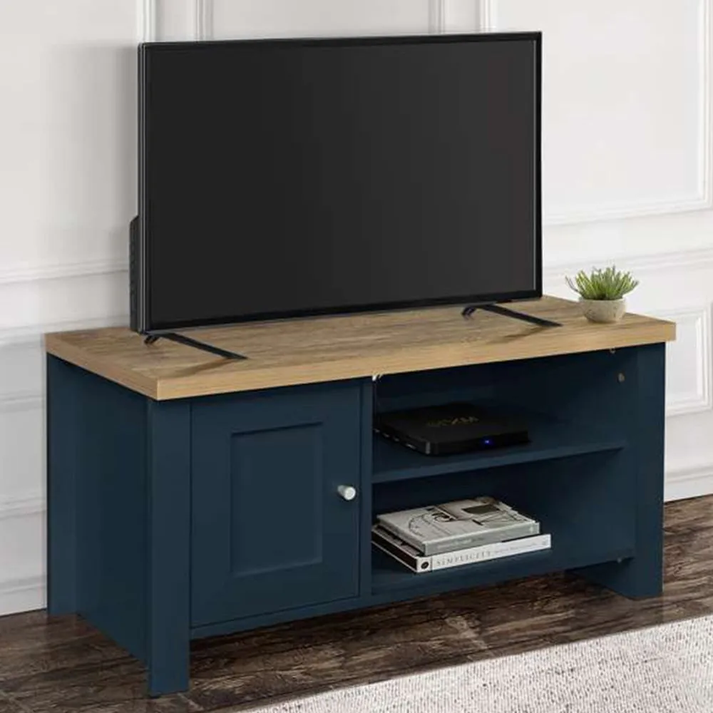 Highgate Small TV Unit with Storage - Navy Blue, Oak