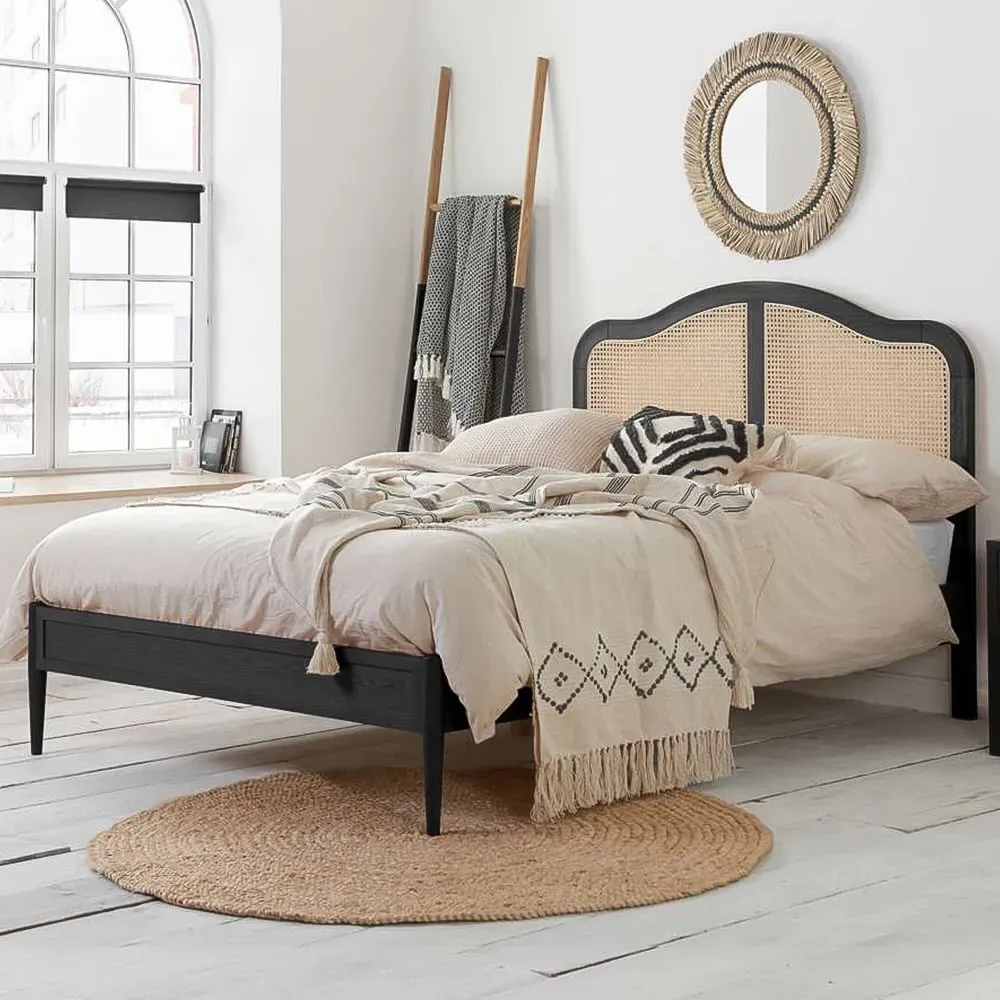 Leonie Double Bed Frame with Rattan Headboard - Black, Oak image