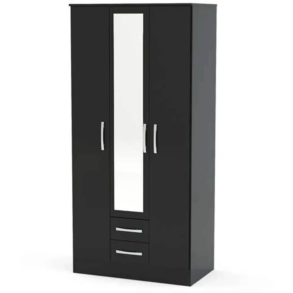 Lynx 3 Door 2 Drawer Mirror Wardrobe - Black