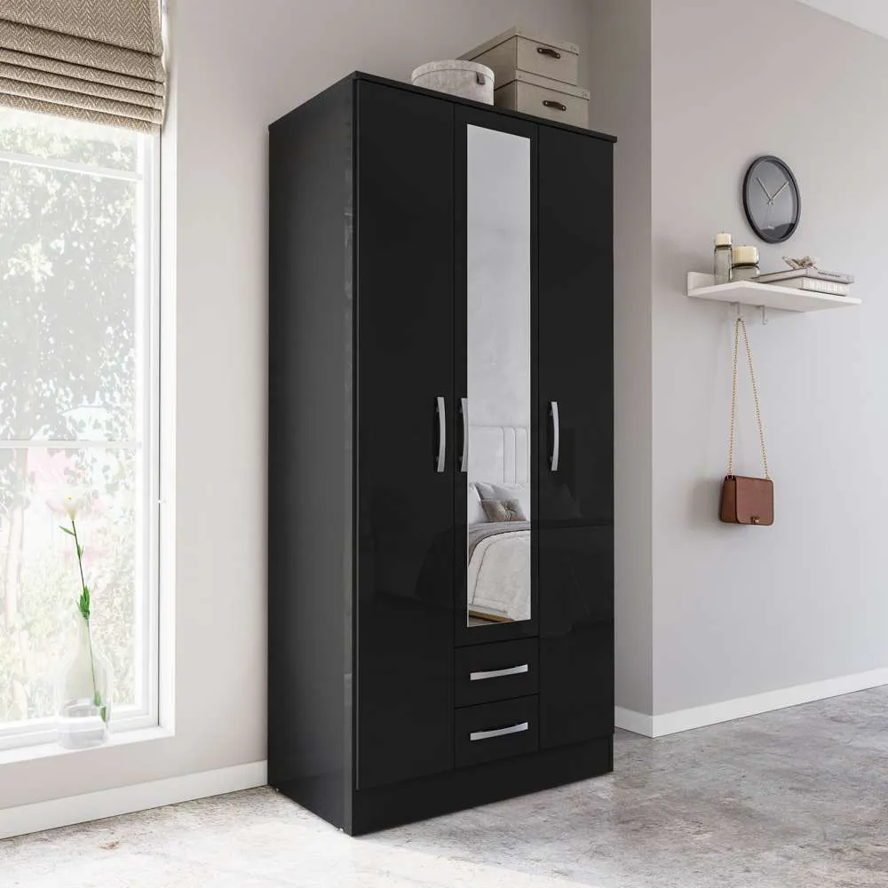 Lynx 3 Door 2 Drawer Mirror Wardrobe - Black