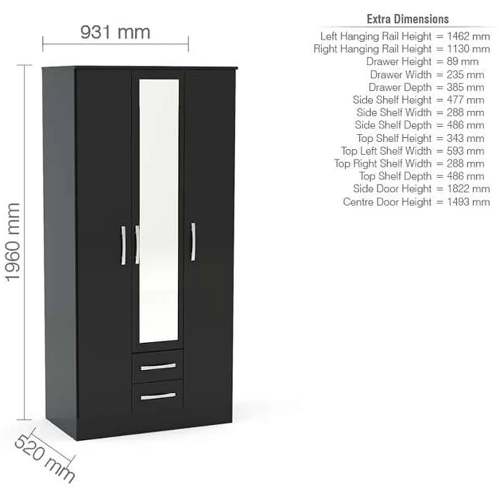 Lynx 3 Door 2 Drawer Mirror Wardrobe - Black