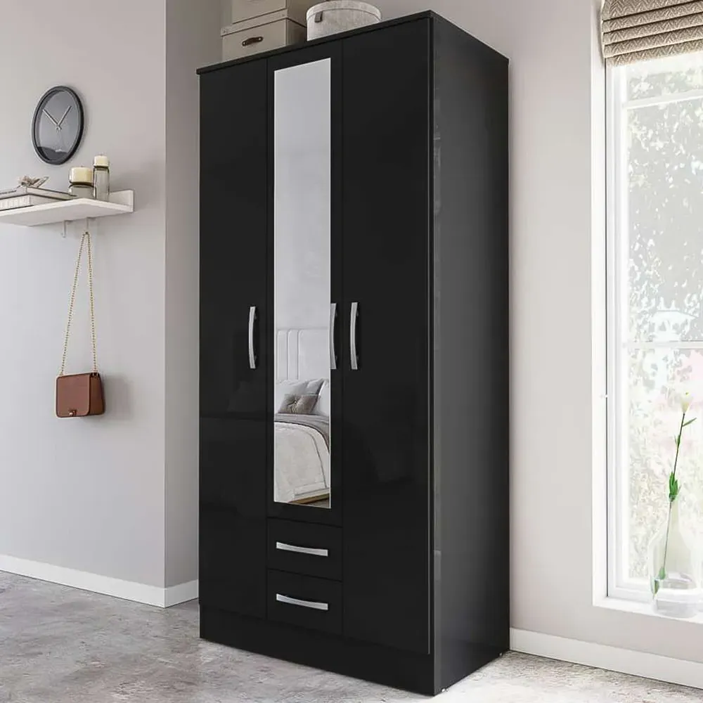 Lynx 3 Door 2 Drawer Mirror Wardrobe - Black image