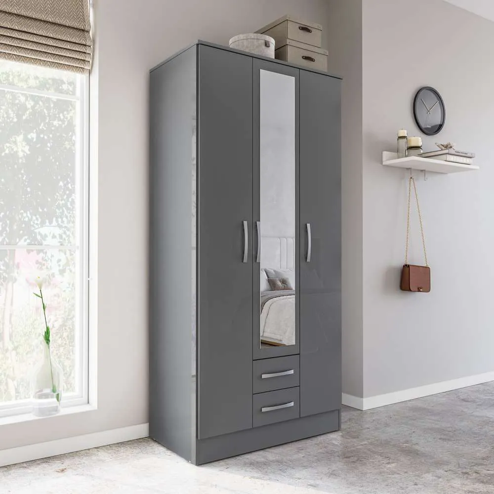 Lynx 3 Door 2 Drawer Mirror Wardrobe - Grey