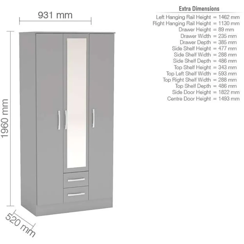 Lynx 3 Door 2 Drawer Mirror Wardrobe - Grey