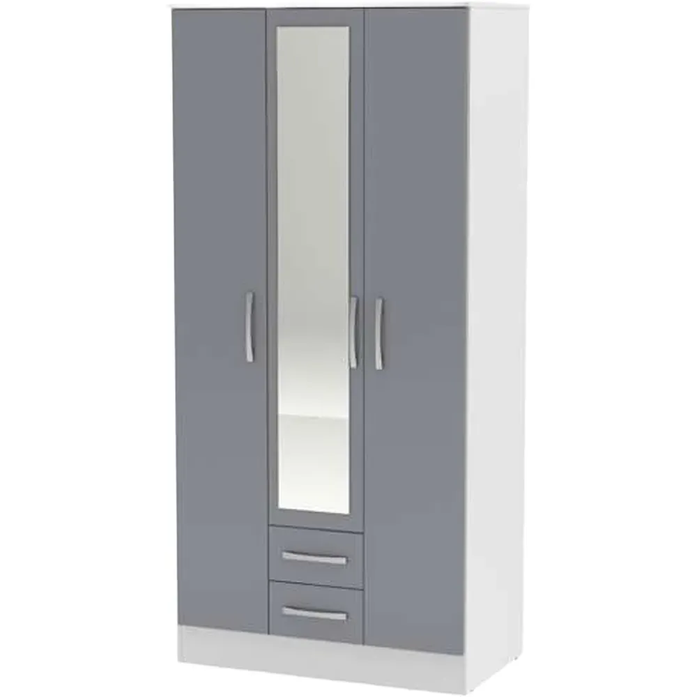 Lynx 3 Door 2 Drawer Mirror Wardrobe - Grey, White