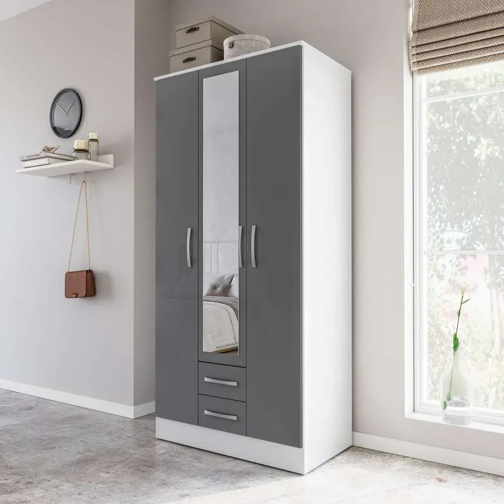 Lynx 3 Door 2 Drawer Mirror Wardrobe - Grey, White