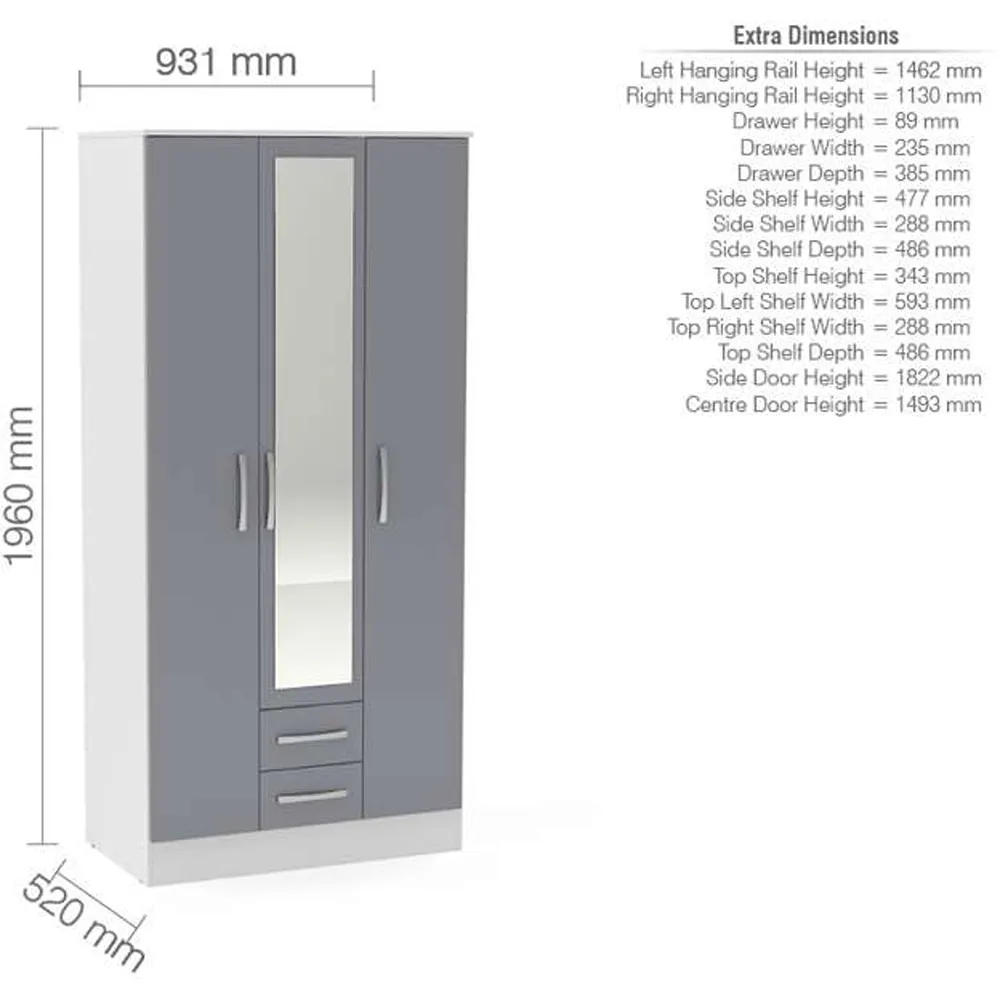 Lynx 3 Door 2 Drawer Mirror Wardrobe - Grey, White