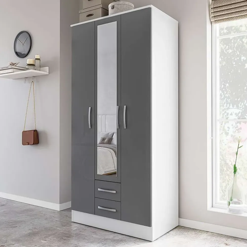Lynx 3 Door 2 Drawer Mirror Wardrobe - Grey, White